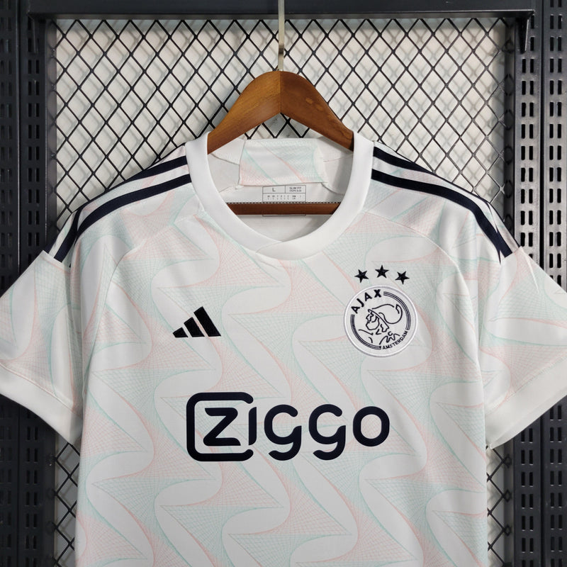 camisa-ajax-away-ii-2-branca-ziggo-adidas-23-24-neymar-messi-cr7-futebol