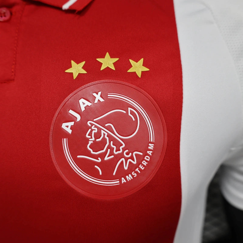 camisa-ajax-home-i-1-vermelha e branca-ziggo-adidas-24-25-neymar-messi-cr7-futebol 