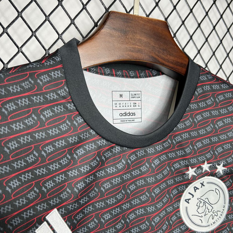 camisa-ajax-pre match-preta mescla-ziggo-adidas-24-25-neymar-messi-cr7-futebol