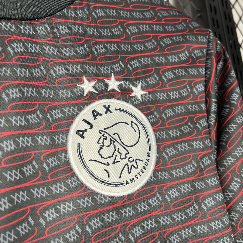camisa-ajax-pre match-preta mescla-ziggo-adidas-24-25-neymar-messi-cr7-futebol