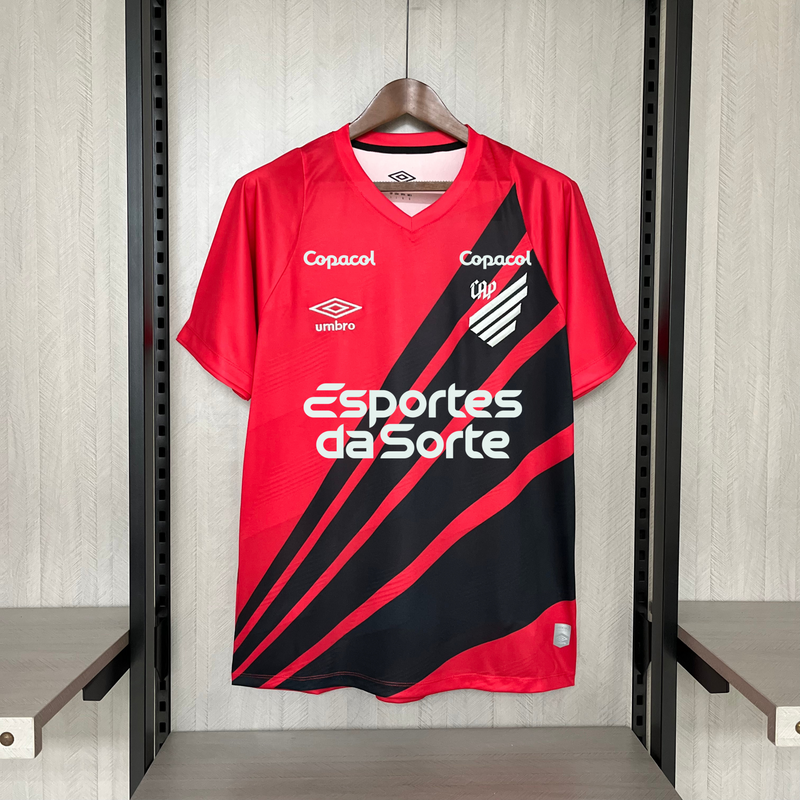 camisa-athletico paranaense-home-i-1-vemelha-esportes da sorte-umbro-24-25-neymar-messi-cr7-futebol