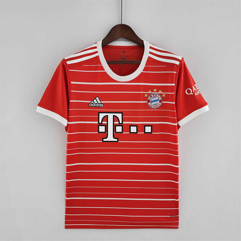 camisa-bayern de munique-home-i-1-vermelha-t-mobile-adidas-22-23-neymar-messi-cr7-futebol