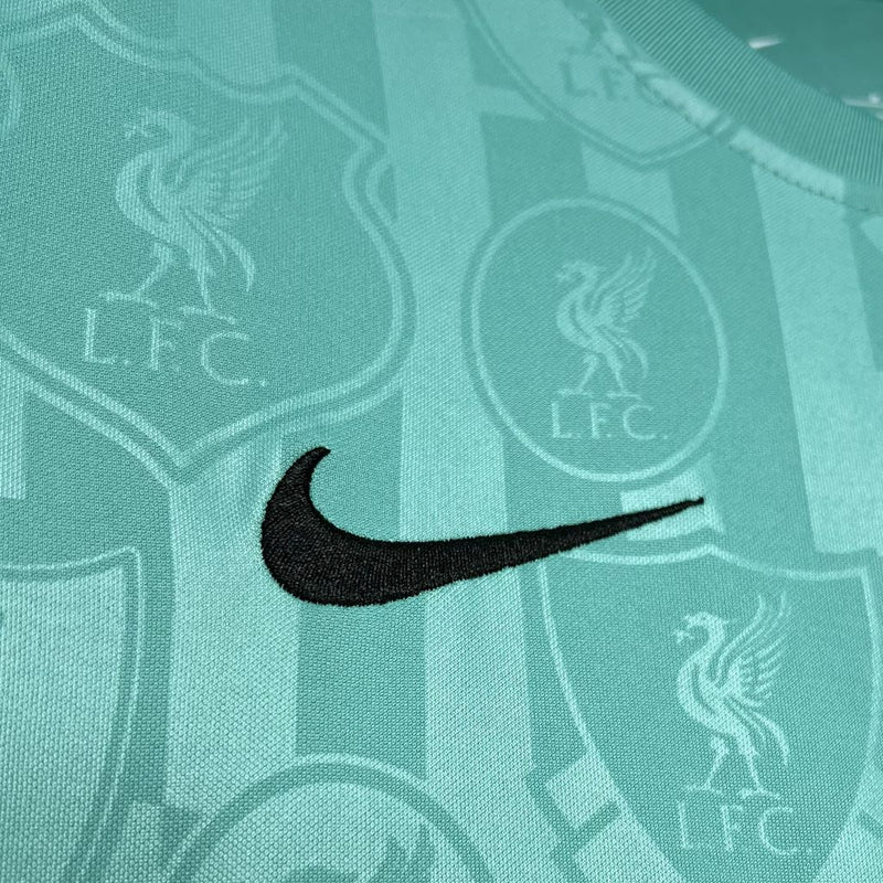 camisa-liverpool-pré jogo-verde água-axa-nike-24-25-neymar-messi-cr7-futebol