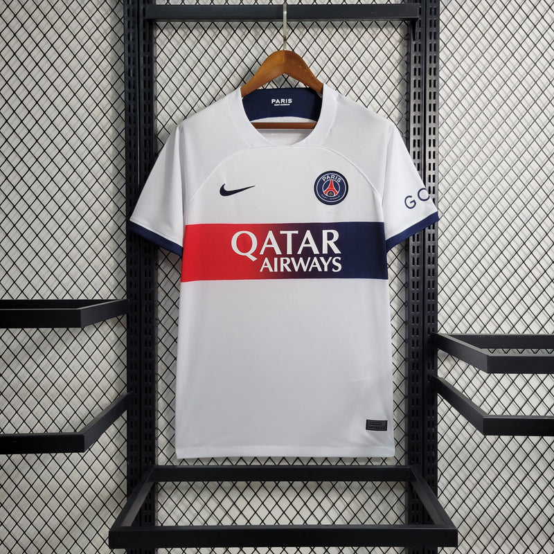 camisa-psg-away-ii-2-branca-qatar airways-nike-23-24-neymar-messi-cr7-futebol