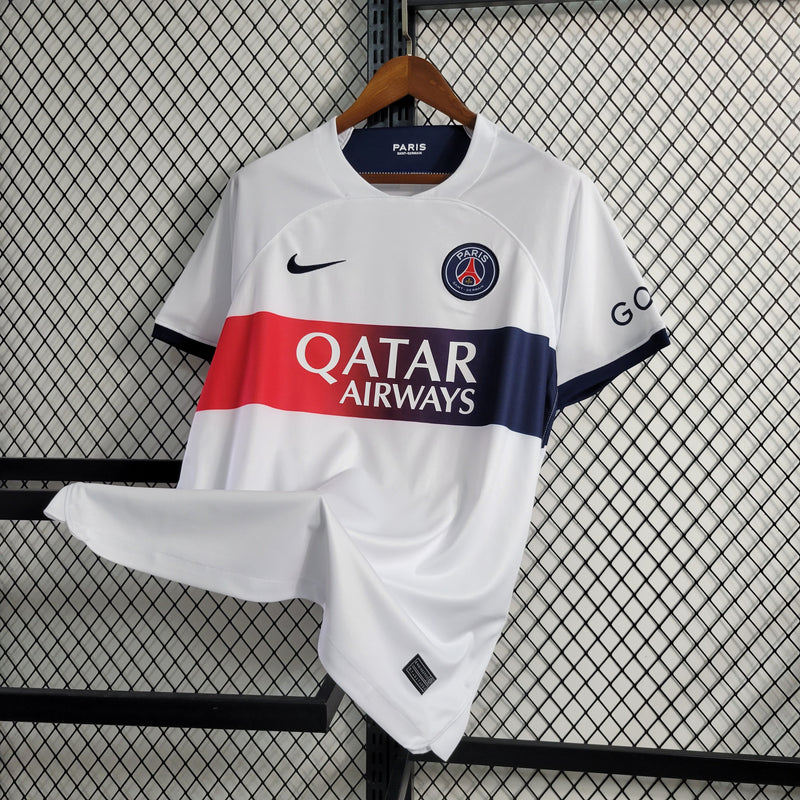 camisa-psg-away-ii-2-branca-qatar airways-nike-23-24-neymar-messi-cr7-futebol