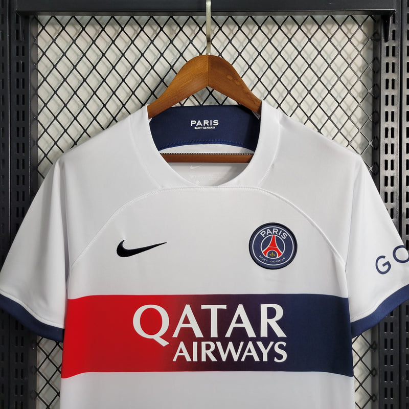 camisa-psg-away-ii-2-branca-qatar airways-nike-23-24-neymar-messi-cr7-futebol