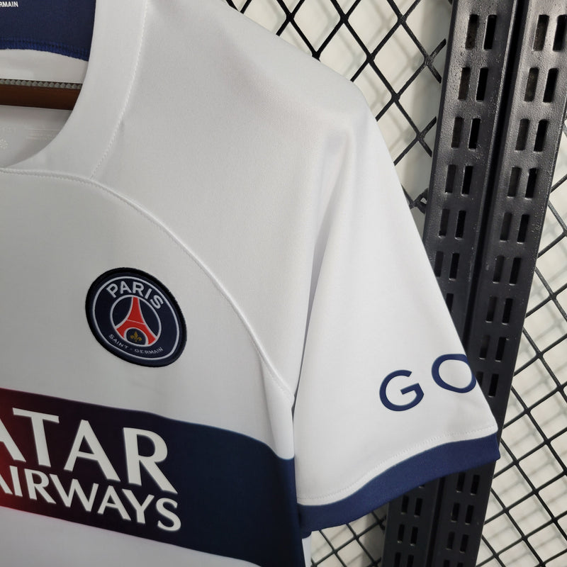 camisa-psg-away-ii-2-branca-qatar airways-nike-23-24-neymar-messi-cr7-futebol