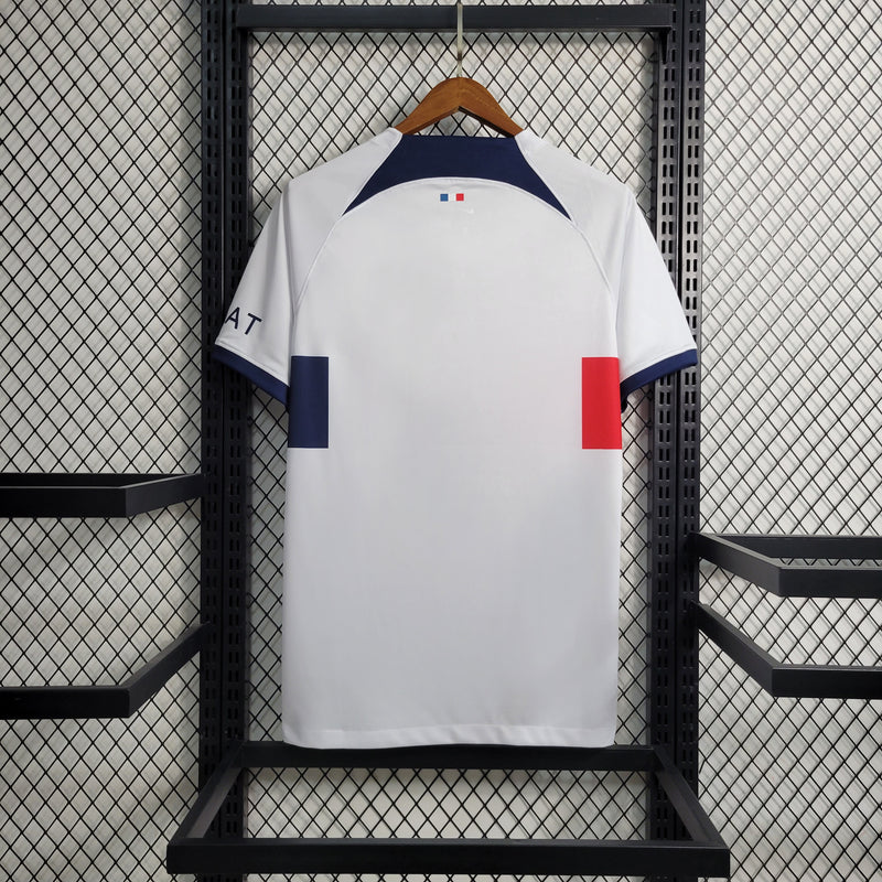 camisa-psg-away-ii-2-branca-qatar airways-nike-23-24-neymar-messi-cr7-futebol