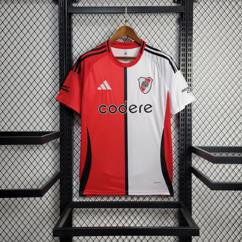 camisa-river plate-home-i-1-vermelha e branca-codere-adidas-25-26-neymar-messi-cr7-futebol 