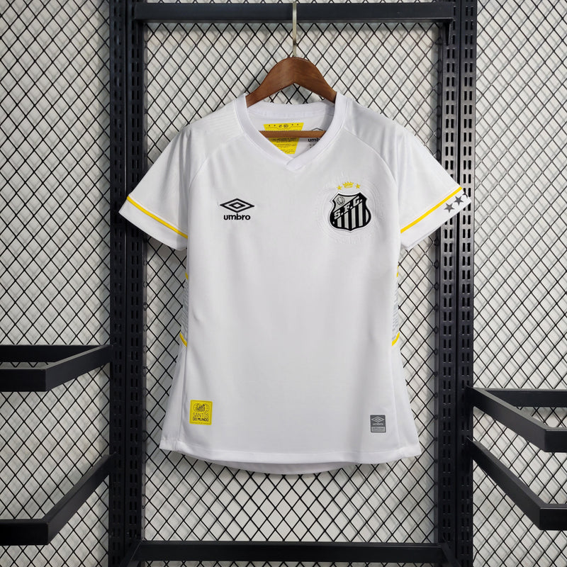 camisa-santos-home-i-1-branca-umbro-23-24-feminina-neymar-messi-cr7-futebol 