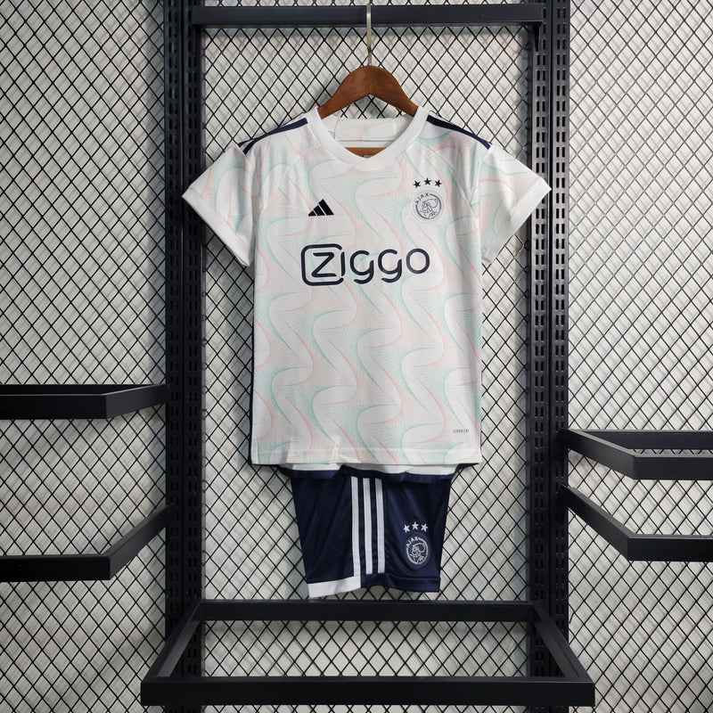 kit infantil-ajax-away-i-1-branca-ziggo-adidas-23-24-neymar-messi-cr7-futebol 