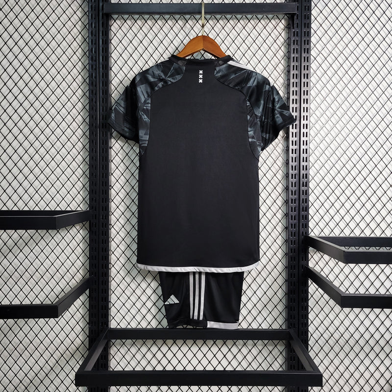 kit infantil-ajax-away-iii-3-cinza mescla-ziggo-adidas-23-24-neymar-messi-cr7-futebol 