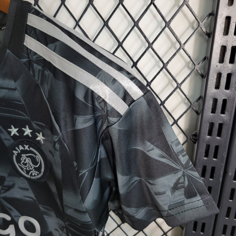 kit infantil-ajax-away-iii-3-cinza mescla-ziggo-adidas-23-24-neymar-messi-cr7-futebol 