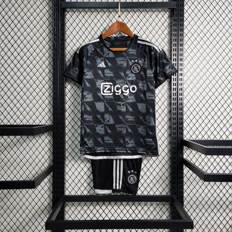 kit infantil-ajax-away-iii-3-cinza mescla-ziggo-adidas-23-24-neymar-messi-cr7-futebol 