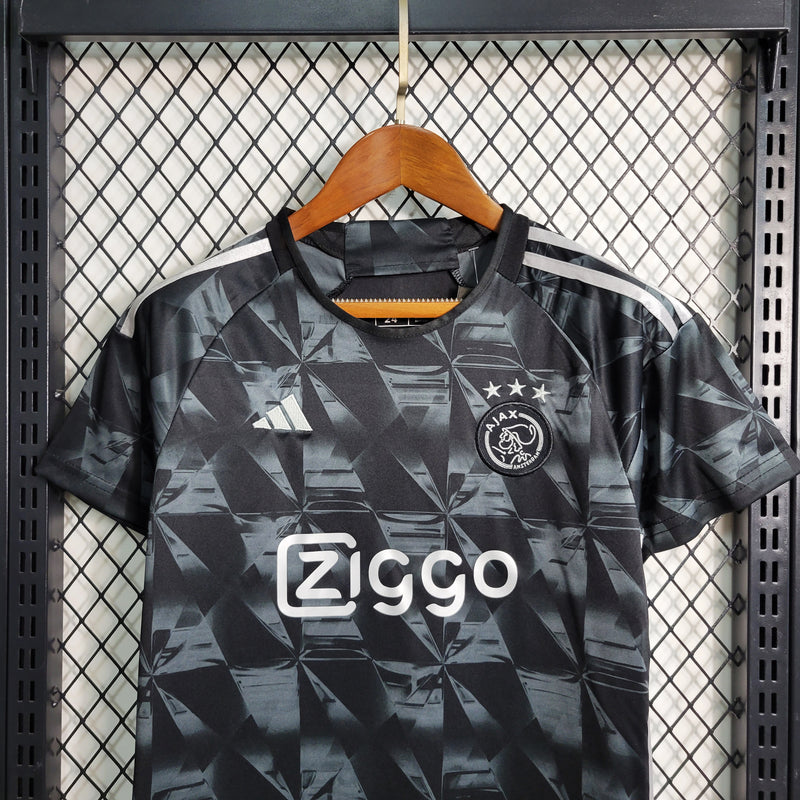 kit infantil-ajax-away-iii-3-cinza mescla-ziggo-adidas-23-24-neymar-messi-cr7-futebol 