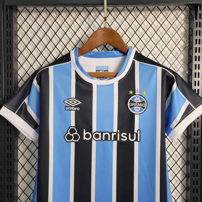 kit infantil-grêmio-home-i-1-tricolor-banrisul-umbro-23-24-neymar-messi-cr7-futebol 