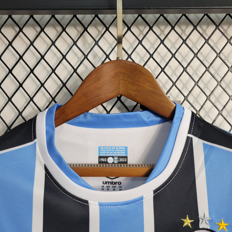 kit infantil-grêmio-home-i-1-tricolor-banrisul-umbro-23-24-neymar-messi-cr7-futebol 