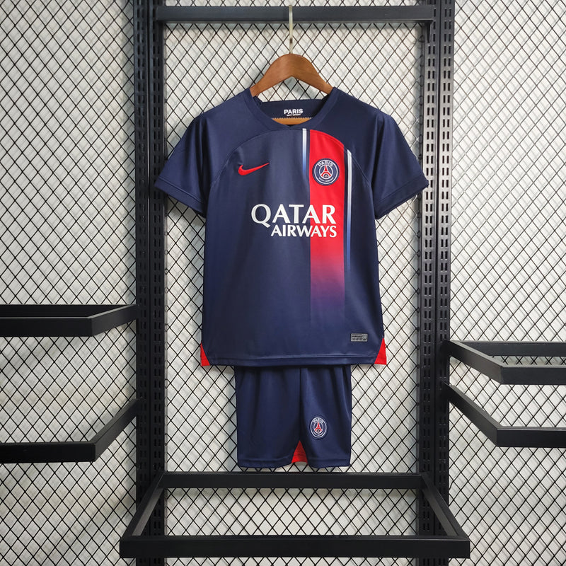 kit infantil-psg-home-i-1-azul-qatar ariways-nike-23-24-neymar-messi-cr7-futebol