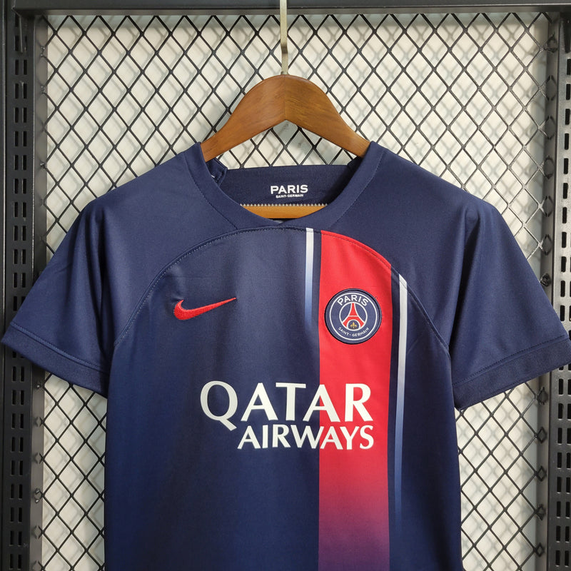 kit infantil-psg-home-i-1-azul-qatar ariways-nike-23-24-neymar-messi-cr7-futebol
