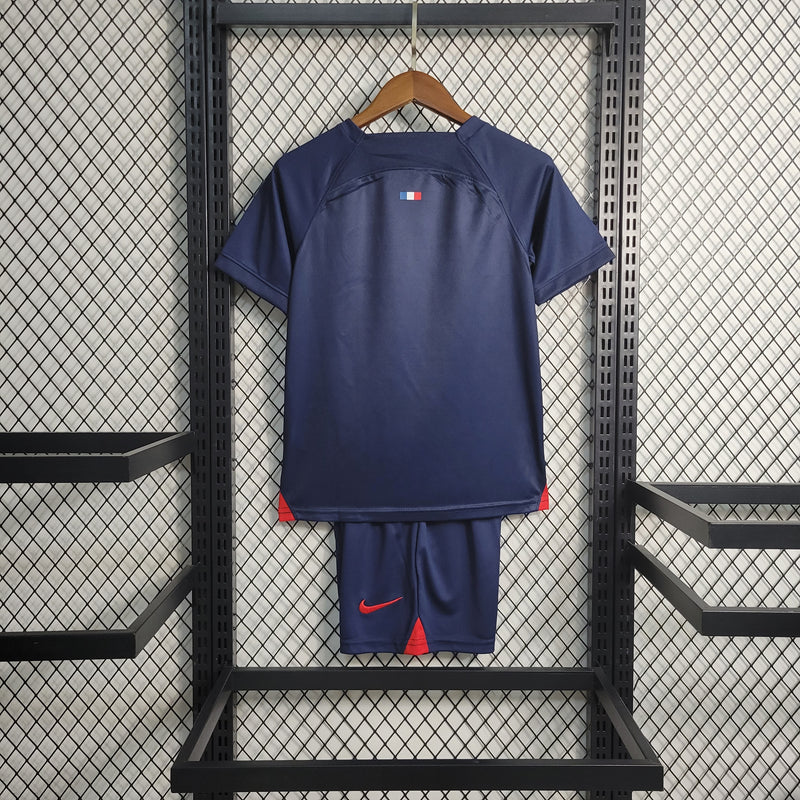 kit infantil-psg-home-i-1-azul-qatar ariways-nike-23-24-neymar-messi-cr7-futebol